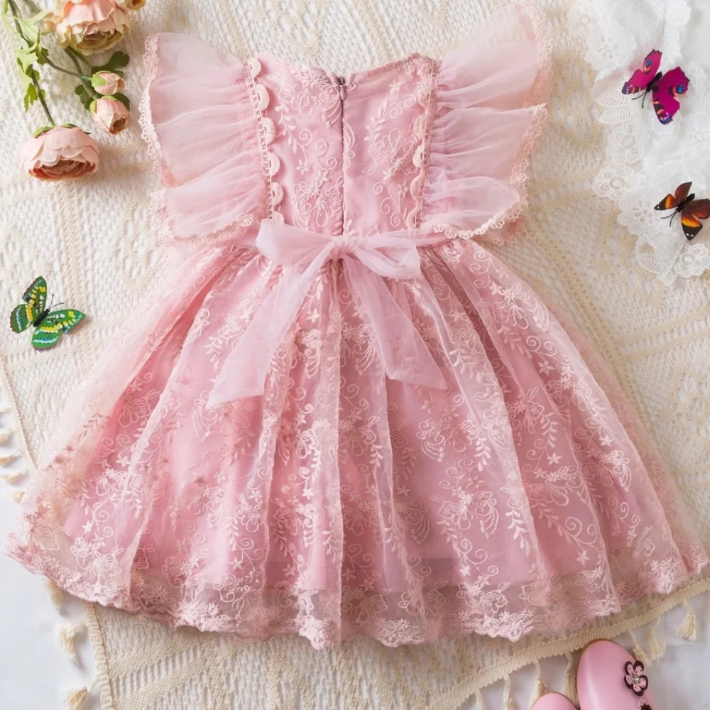 Elegant Girls Lace Tulle Fairy Floral Embroidered Ruffle‎ Trim Rear Zipper Dress